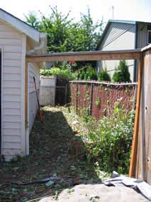 The aftermath of clearing brush behind the garage and on the fence