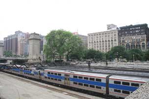 Metra trains and Michigan Avenue beyond from Grant Park