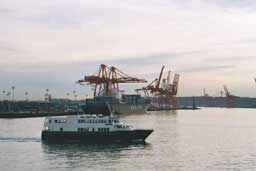 Hanjin container ship at dock in Seattle, from Bainbridge Island ferry