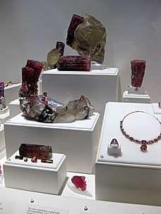 Tourmaline crystals and jewelry at San Diego Natural History Museum