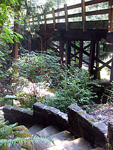 Trestle bridge over Johnson Creek at Leach Botanical Garden