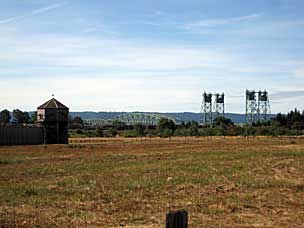 Fort Vancouver palisade and I-5 bridge over Columbia River