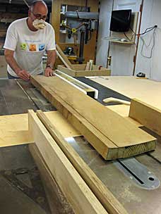 Frank rips the slab of 9/4 white oak on the table saw