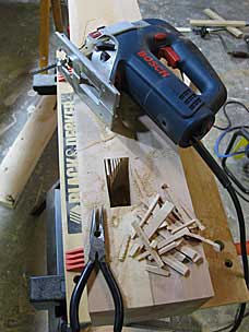 Using jigsaw to chop out leg mortise