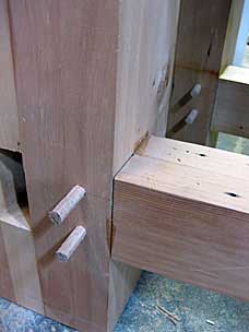 Mortise and tenon after applying glue and drawbore pegs