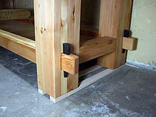 Workbench detail of legs, tusk tenons, and levelling wedges