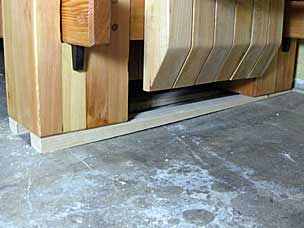 Long levelling wedges under workbench legs