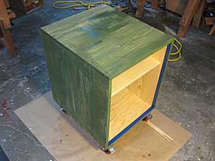 Green milk paint on drill press cabinet