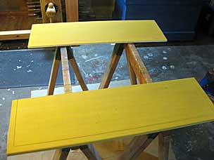 Boarded chest lid and front with yellow milk paint