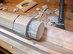 Chiseling tenon on leg for worktable