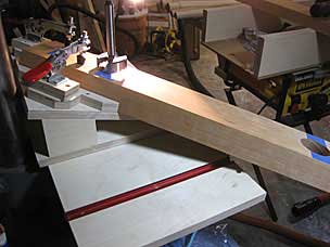 Batten set up on jig to drill angled mortise