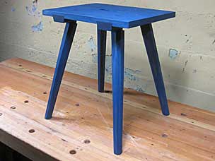 Staked stool with blue milk paint and boiled linseed oil