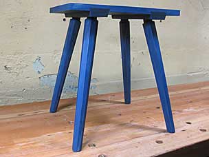 Staked stool with blue milk paint and boiled linseed oil