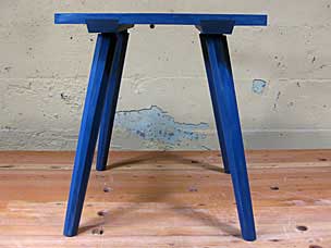 Staked stool with blue milk paint and boiled linseed oil